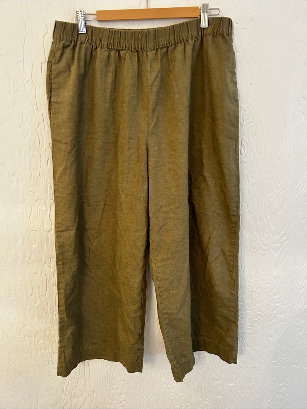 Wide Leg Pull On Cotton Pants Olive Green XL Minimal Coastal Summer Relaxed